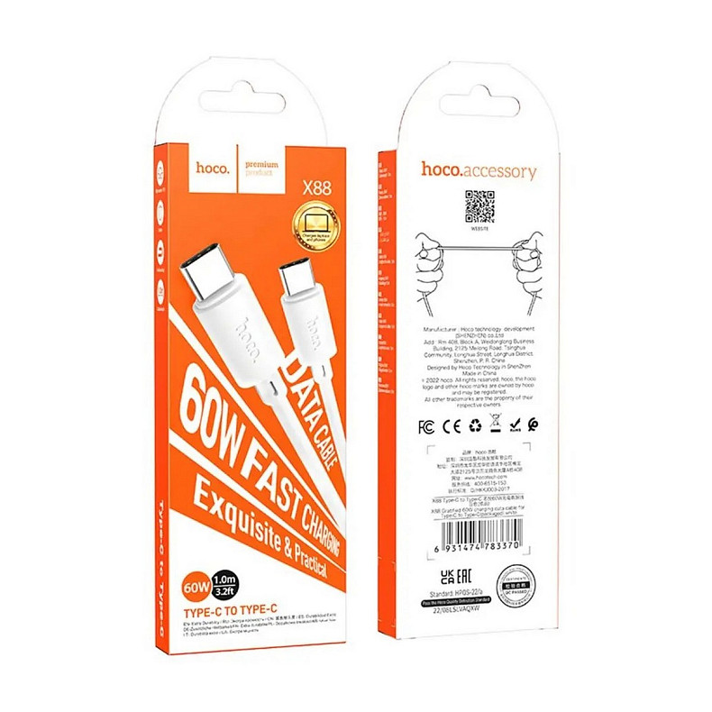 Кабель Hoco X88 Gratified 60W USB Type-C - USB Type-C, 1 м, White (6931474783370)