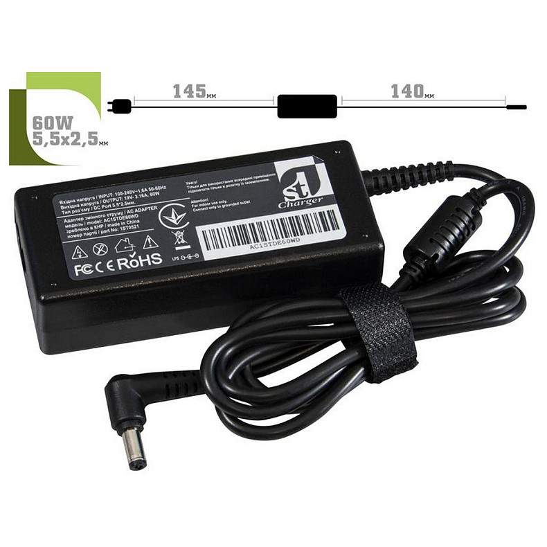 Блок живлення 1StCharger для ноутбука Dell 19V 60W 3.16A 5.5х2.5мм + каб.пит. (AC1STDE60WD)