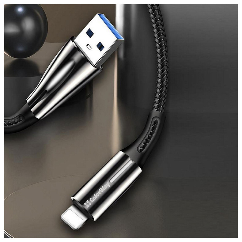 Кабель ColorWay USB-Lightning, 2.4А, 1м, Zinc Alloy + Led, Black (CW-CBUL035-BK)