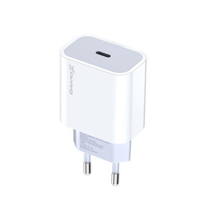 Сетевое зарядное устройство Grand-X (1xUSB-C 20W) QC4.0, PD 3.0, FCP, AFC White (CH-770)