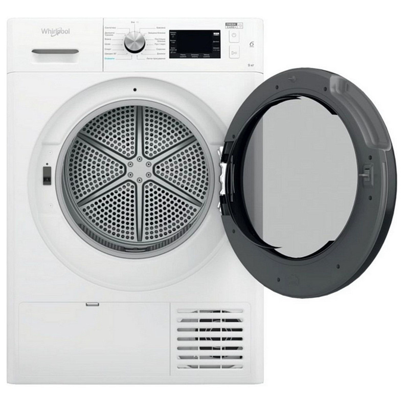 Сушильная машина Whirlpool тепловой насос, 9кг, A++, 65см, дисплей, черный люк, белый