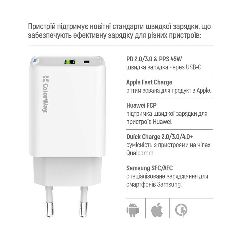 Сетевое зарядное устройство ColorWay GaN Mini 45W PD Port PPS USB (Type-C PD + USB QC4.0) White (CW-