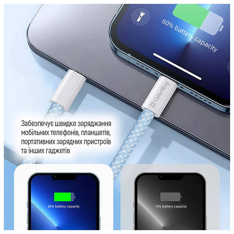 Кабель ColorWay USB Type-C + USB Type-C (M/M), 3.0 А, 1 м, Blue (CW-CBPDCC061-BL)