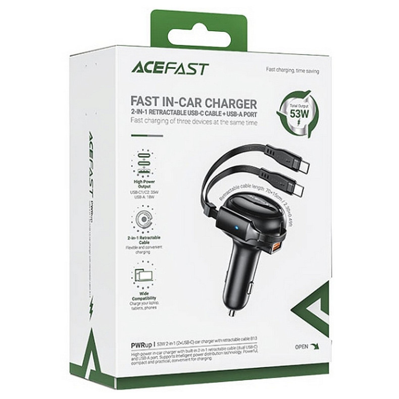 Автозарядка 3xUSB 53W (2xUSB-C+USB-A) + cable USB-C 2in1 B13 Acefast