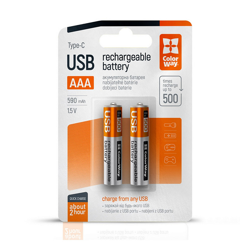 Акумулятор USB-C ColorWay (CW-UBAAA-09) AAA/HR03 Li-Pol 590 mAh BL 2шт