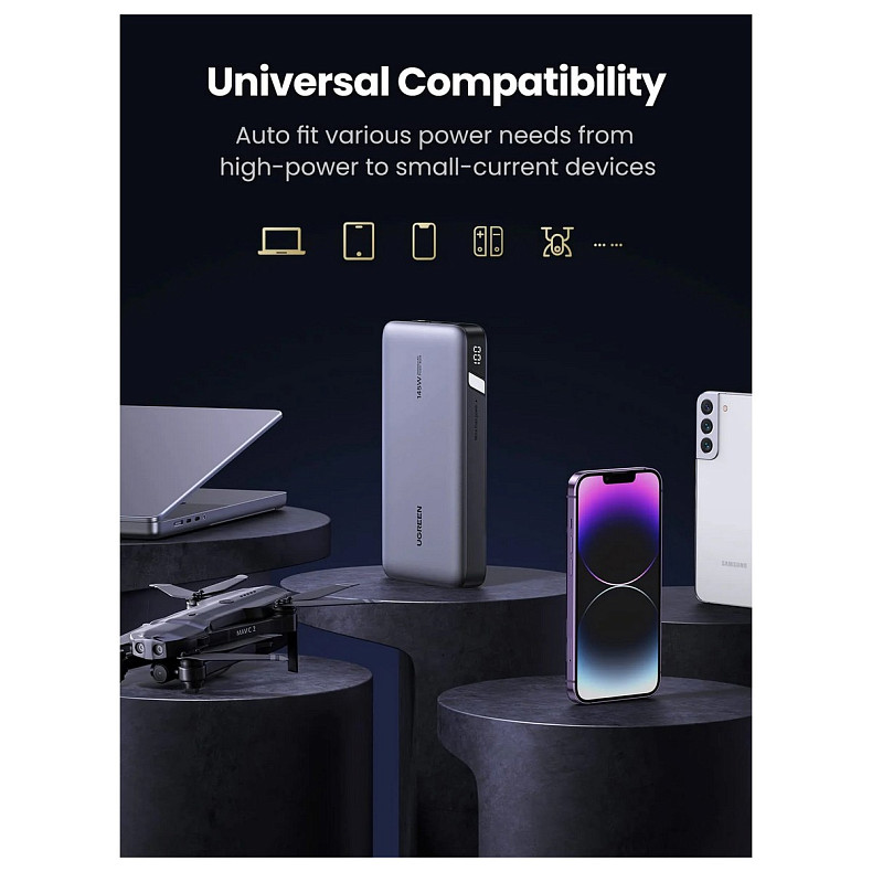 УМБ Ugreen 25000mAh 145W PB205 2xUSB C+USB A, PD3.0+QC3.0, сквозное питание 65Вт