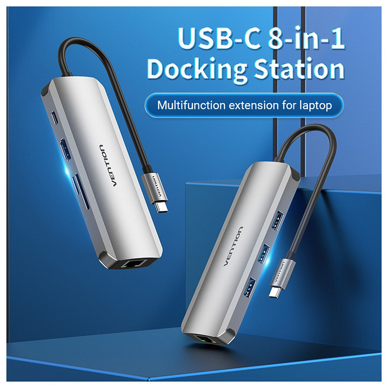 Док-станція USB3.1 Type-C --> HDMI/USB 3.0x3/RJ45/SD/TF/PD 100W Hub 8-in-1 Vention