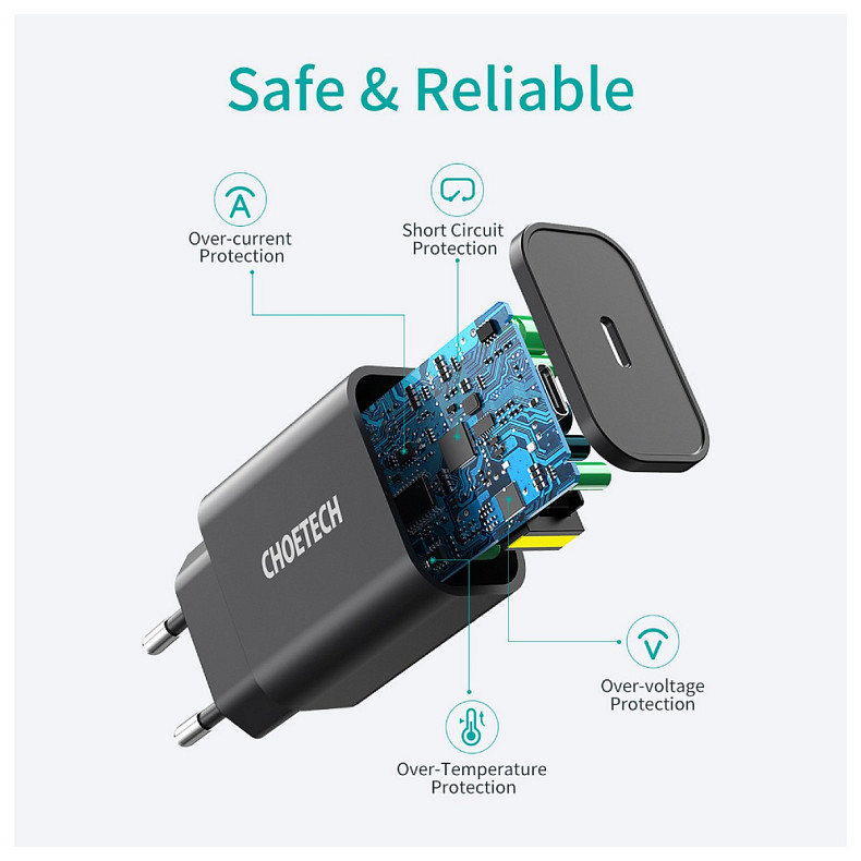 Зарядний пристрій 1xUSB 20W (1 USB-C) PD matte wall charger чорний Choetech