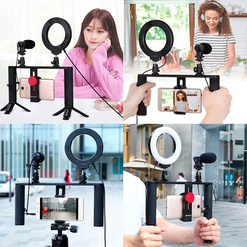 Комплект блогера Puluz PKT3028 4в1 (кольцевой свет, крепление, держатель для телефона, микрофон)