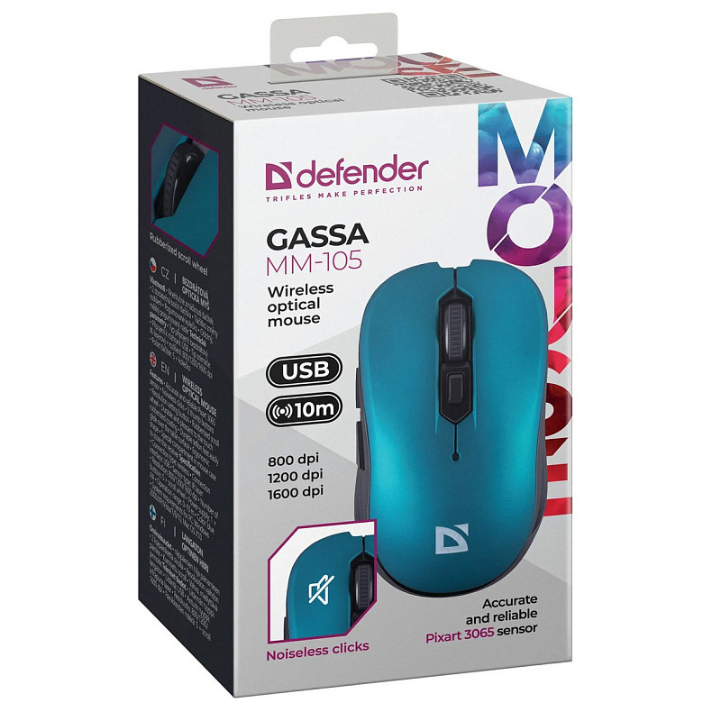 Мишка Defender Gassa MM-105, бездротова, 6кн. до 1600 dpi, безшумна, бірюзова