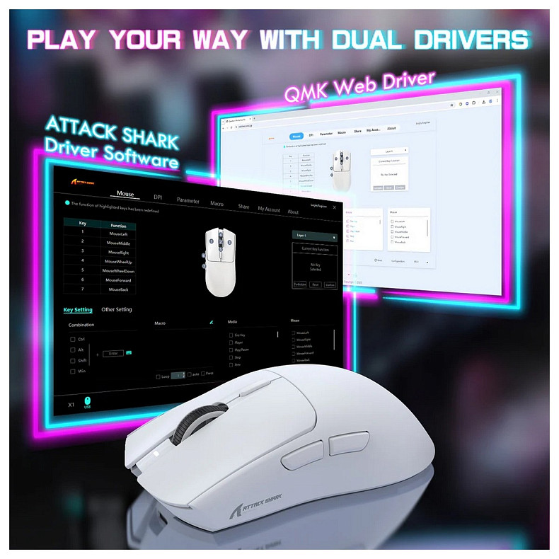 Мишка Attack Shark X1, Wireless/Bluetooth, 40000dpi. (PAW3395PRO), 6кн., White