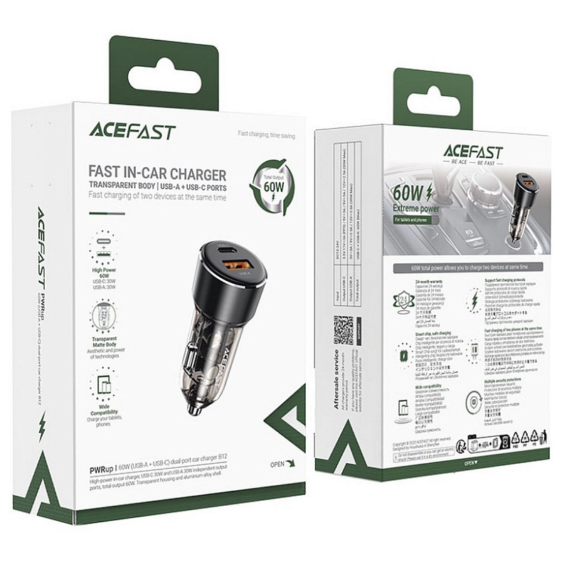 Автозарядка 2xUSB 60W (USB-C + USB-A) B12 Acefast