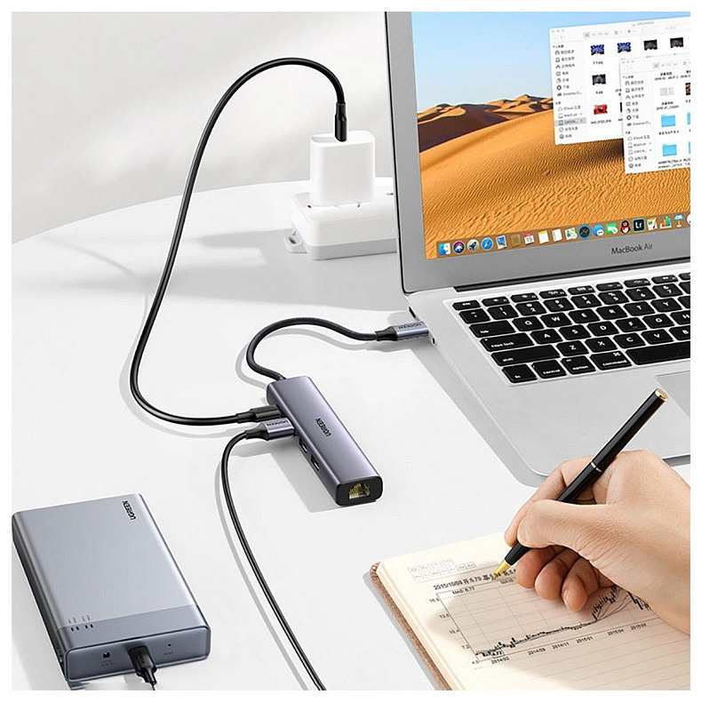 Хаб USB 3.0 Type-C -> 3xUSB 3.0 + RJ45 1000M CM475 Сірий UGREEN