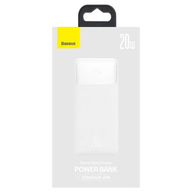 Универсальная мобильная батарея Baseus Bipow 20000mAh 20W, MicroUSB, 2xUSB, 1xType-C In/Out PD3.0, QC3.0 White