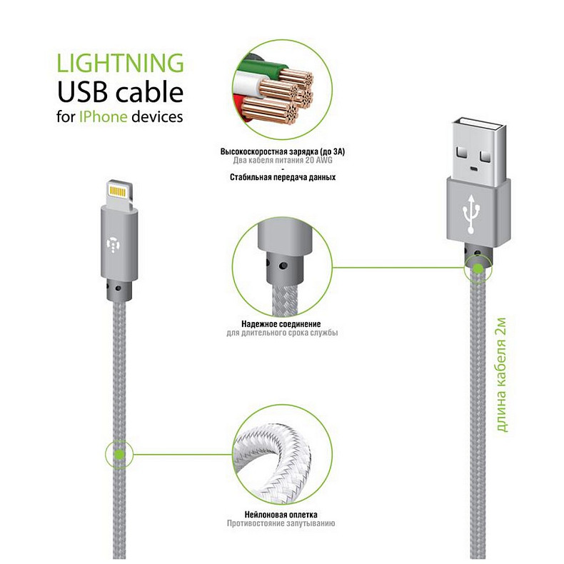 Кабель Intaleo CBGNYL2 USB-Lightning 2м Grey (1283126477669)