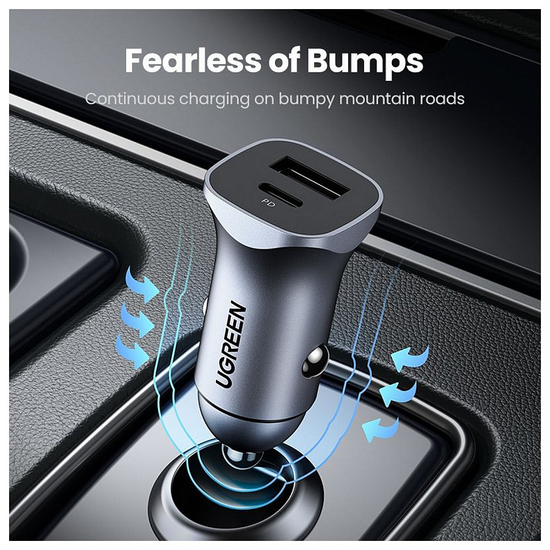 Автозарядка 2xUSB 30W (USB-A + USB-C) QC 4.0 Сіра (EC305) UGREEN