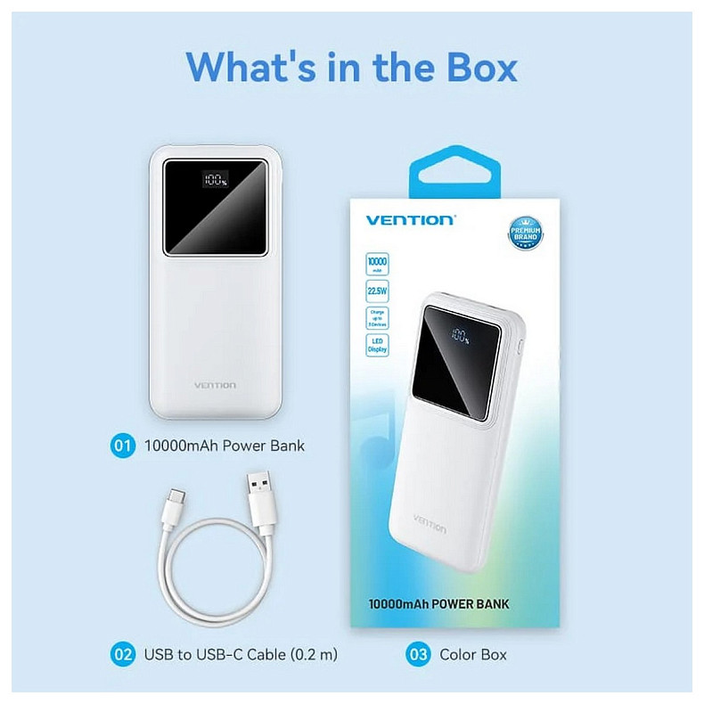 УМБ Vention 10000mAh 22.5W 3A PD, QC3.0, Micro-USB, USB-C, 2x USB-A, LED Display, White