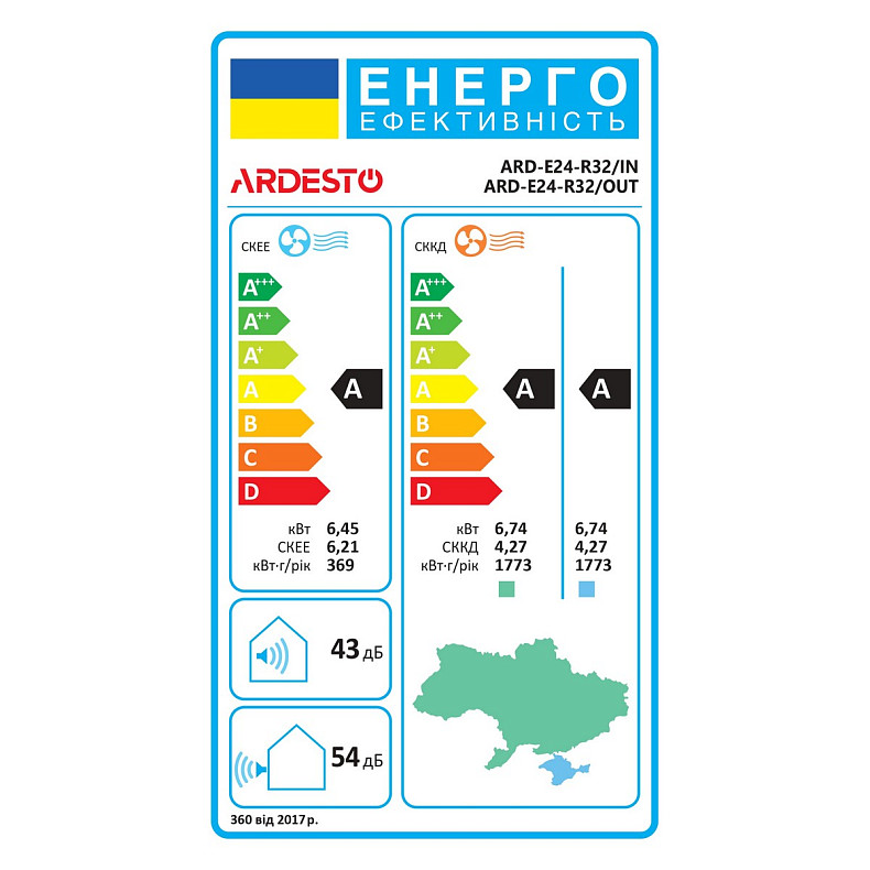 Кондиционер Ardesto ARD-E24-R32 70м2 on/off 24000BTU 6.45кВт A/A -7°С R32 белый