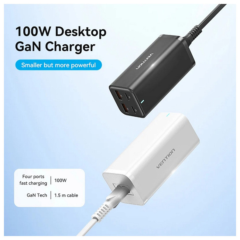 Зарядний пристрій 4xUSB 100W (2xUSB-C+2xUSB-A) PD3.0/QC 3.0/GaN Black Vention
