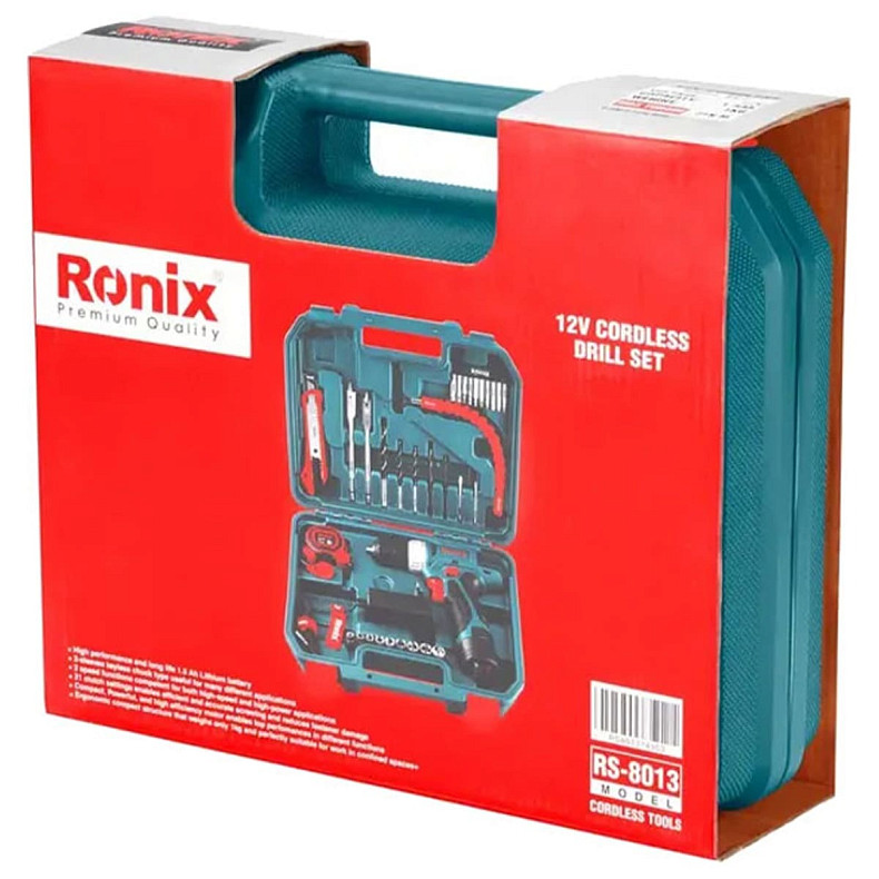Шуруповерт Ronix аккумуляторный 12В, набор 35 предметов (RS-8013)