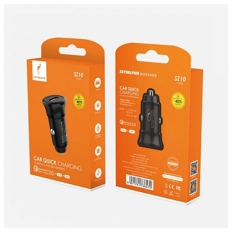 Автомобільний зарядний пристрій SkyDolphin SZ10 QC3.0 (1USB, 3.1A) Black (AZP-000086)