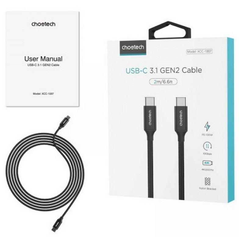 Кабель USB 3.1 Gen2 Type-C M-M, 2.0 м, (100W,4K60Hz) оплетка, черный Choetech