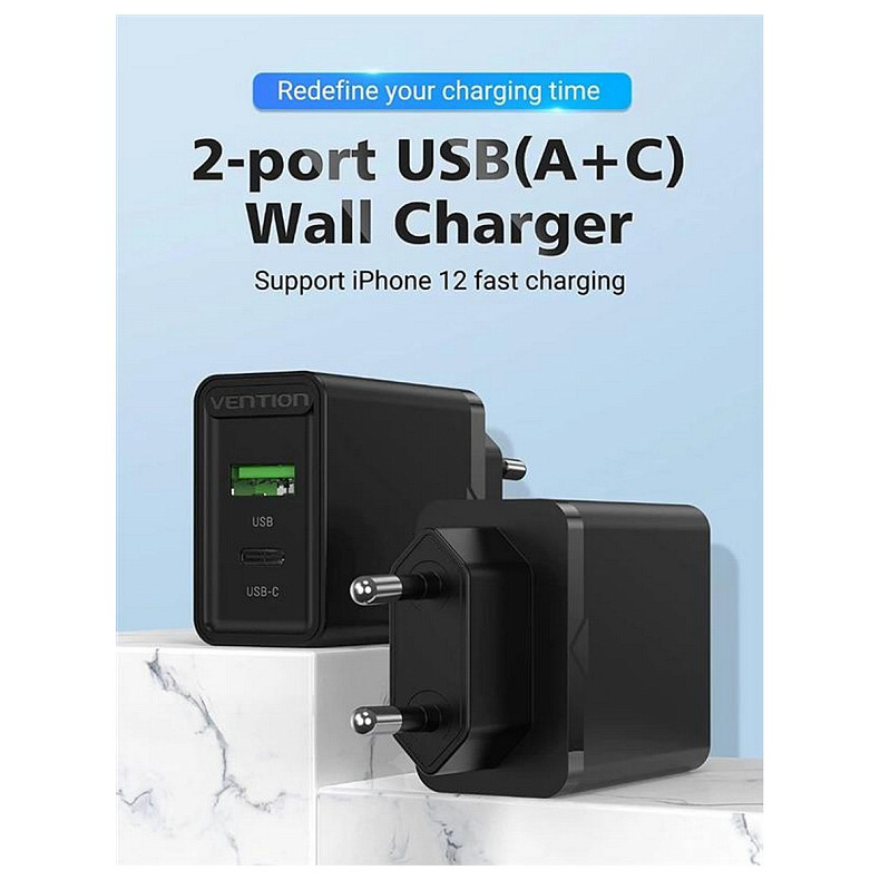 Зарядний пристрій Vention USB Type C + QC4.0 (18-20W) Black (FBBB0-EU)