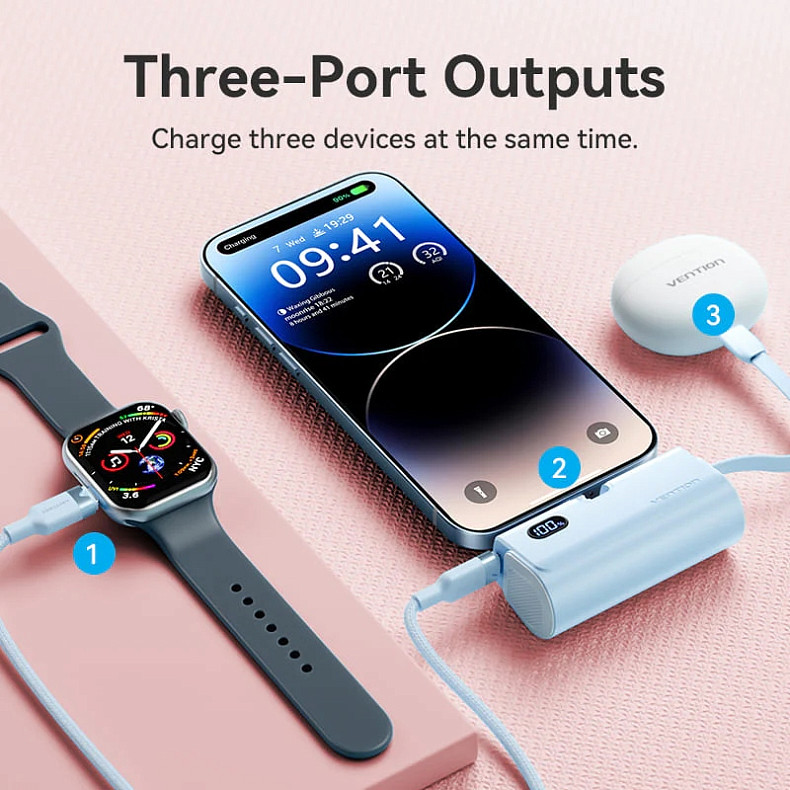 УМБ Vention 4800mAh 22,5W PD, USB-C In/Out, LED display, with built-in Lightning cable Black