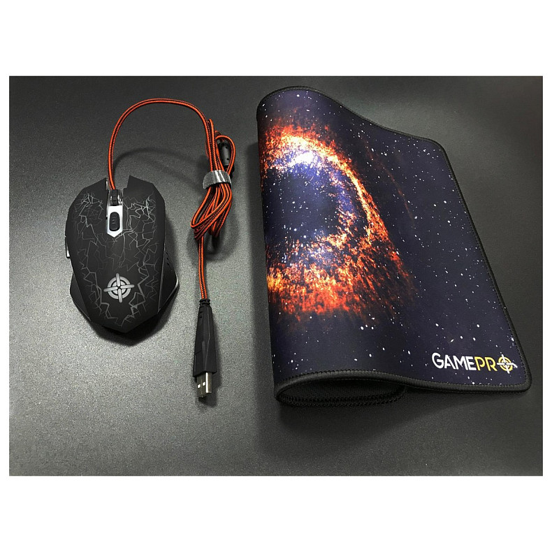 Миша GamePro GS347 чорного кольору з USB-кабелем та килимком