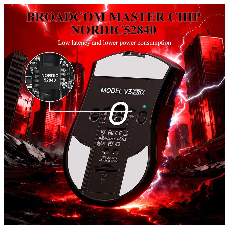 Мышка Attack Shark V3Pro Ultra-Light, Wireless/Bluetooth, 25000dpi. (PAW3311), 6кн., Black