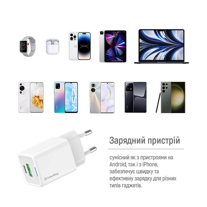 Сетевое зарядное устройство ColorWay GaN Mini 30W PD Port PPS USB (Type-C PD + USB QC4.0) White (CW-