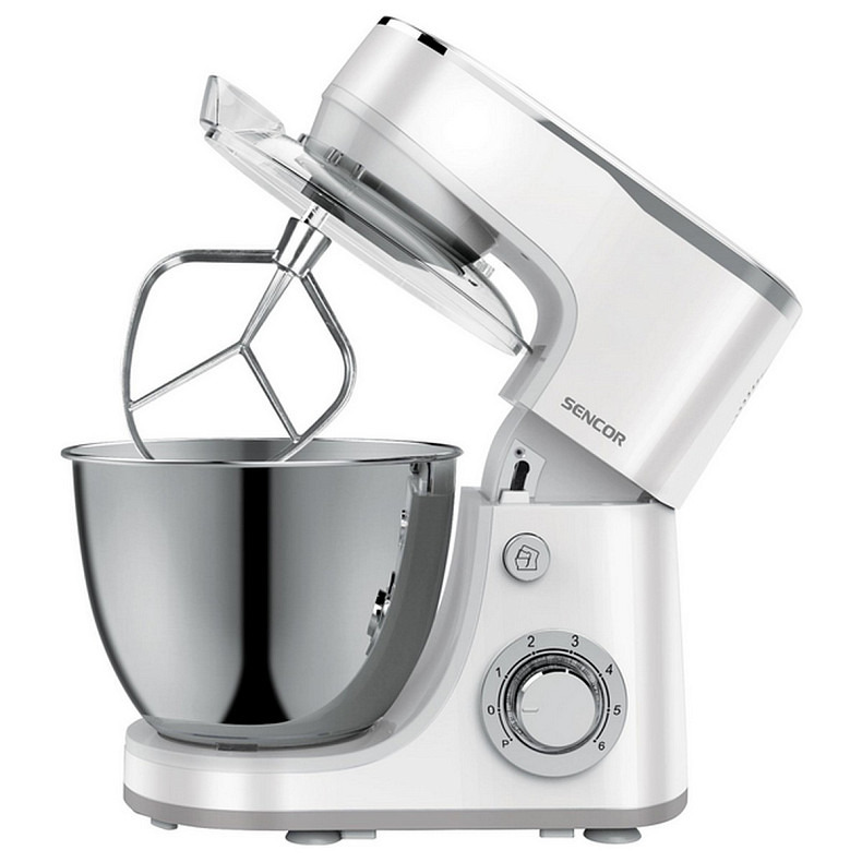 Миксер Sencor планетарный 1300Вт, насадки-3, чаша-нерж., металл, 5л, 6 скоростей, Pulse-режим, белый