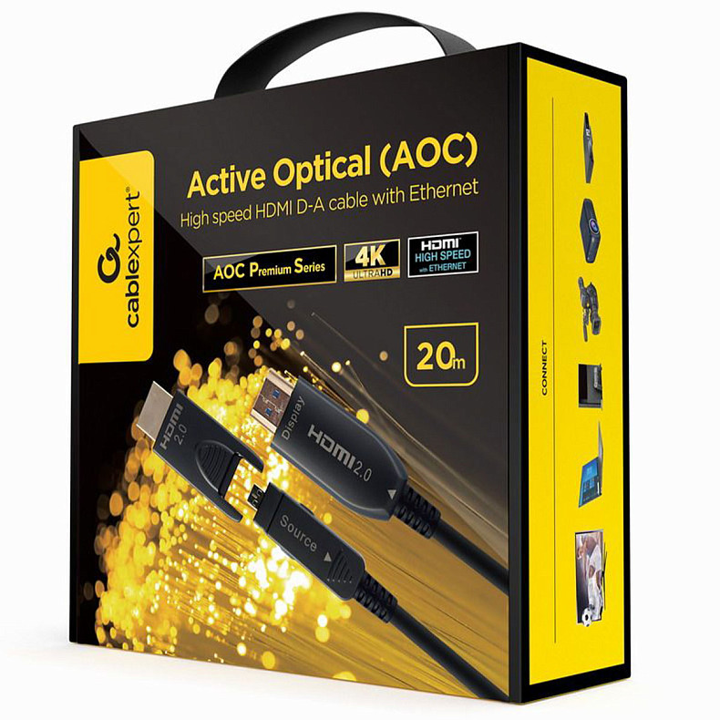 Кабель оптичний (AOC) HDMI-A/D на A, V.2.0, 4К 60Гц, позолочені конектори, 20 м