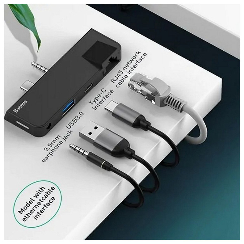 Док-станція USB3.1 Type-C+3.5mm --> USB 3.0/RJ45/Type-C/3.5mm Чорна Baseus for Surface Go