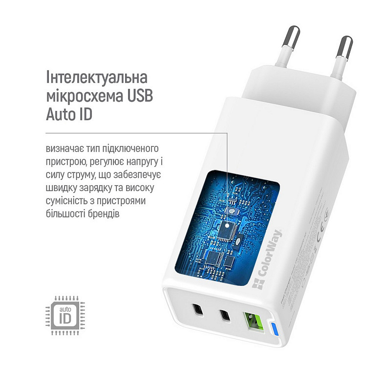 Сетевое зарядное устройство ColorWay GaN Mini 65W PD Port PPS USB (USB-2C1A) White (CW-CHS058PDCL-WT