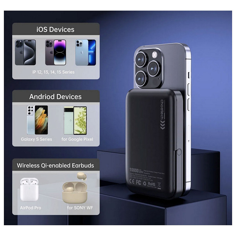 УМБ Choetech Magnetic Wireless 10000mAh 20W PD USB-C In/Out, with holder, Qi-15W Black