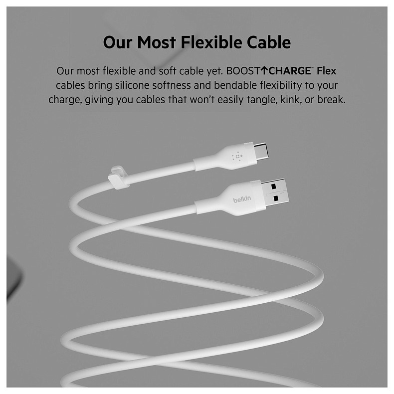 Кабель Belkin USB-A - USB-C силіконовий, з кліпсою, 2м, білий