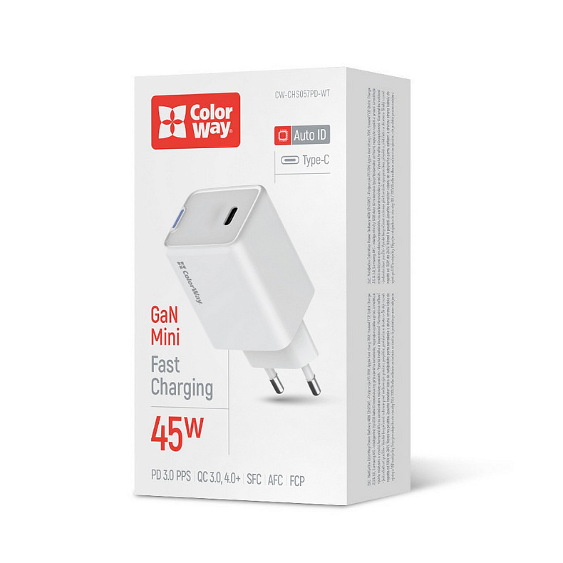 Зарядний пристрій ColorWay GaN Mini 45W PD Port PPS USB-C White (CW-CHS057PD-WT)