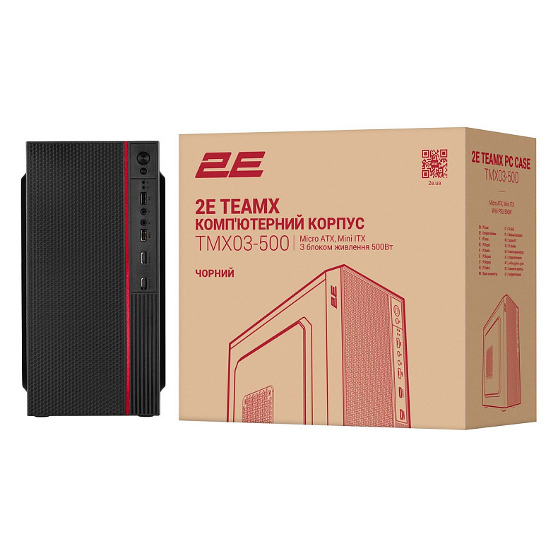 Корпус 2E TeamX TMX03, з БЖ 2E ATX500W, 2xUSB3.0, 1x80мм, VGA 220мм, mATX, чорний