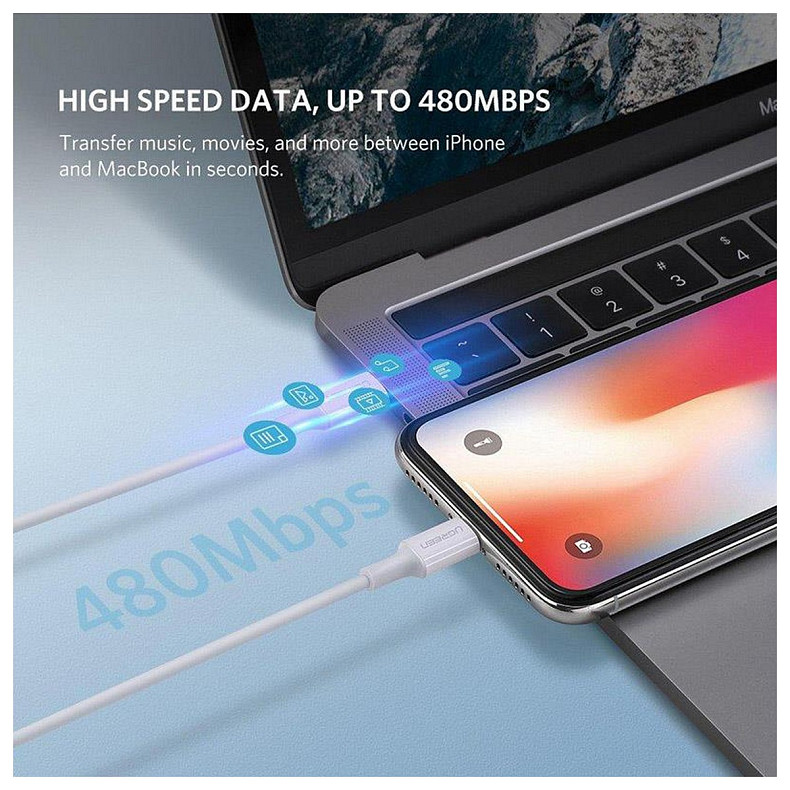 Кабель USB 2.0 Type-C M-Lightning M, 2 м, 3A, Nickel Plating ABS Shell Білий, US171 UGREEN