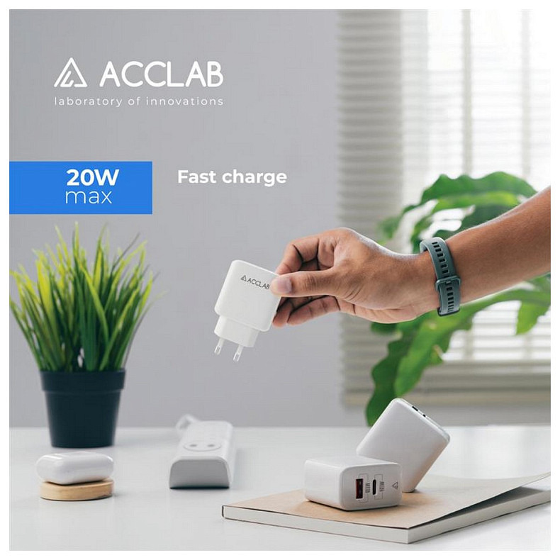 Зарядний пристрій AccLab AL-TC220 (1xUSB, 1xType-C) White (1283126556494)