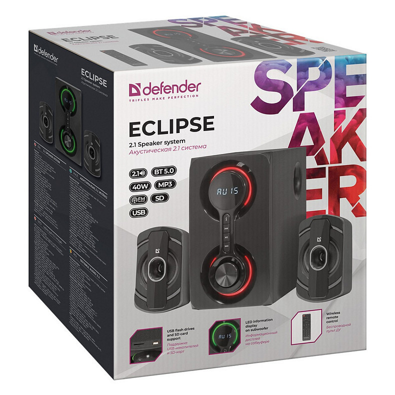 Акустична система 2.1 Defender Eclipse, 40Вт Bluetooth/MP3/SD/USB/AUX/RC