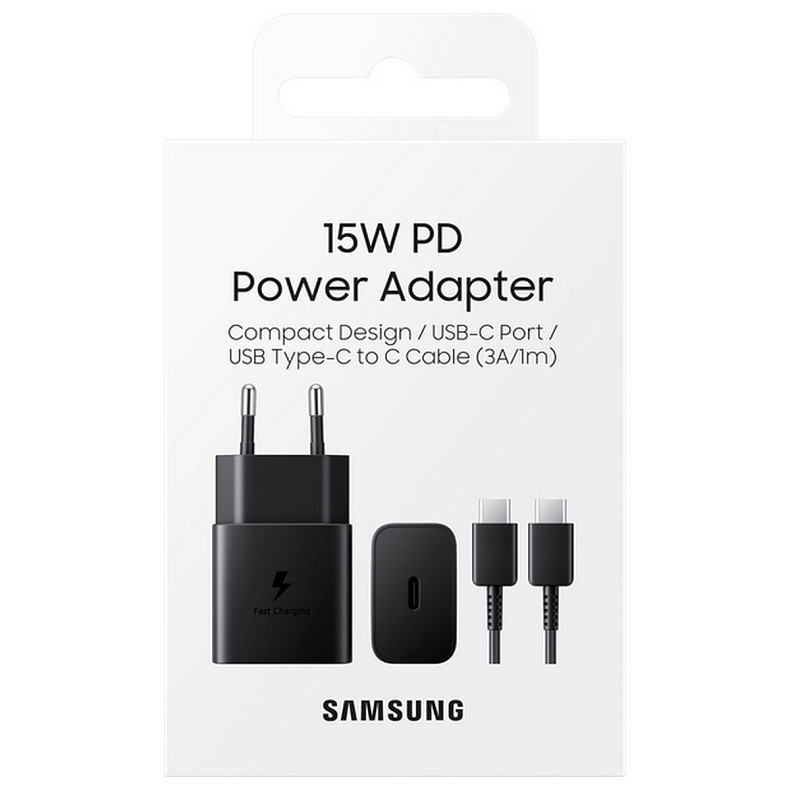 Мережевий зарядний пристрій SAMSUNG 15W Power Adapter (w C to C Cable) EP-T1510XBEGEU / Чорна