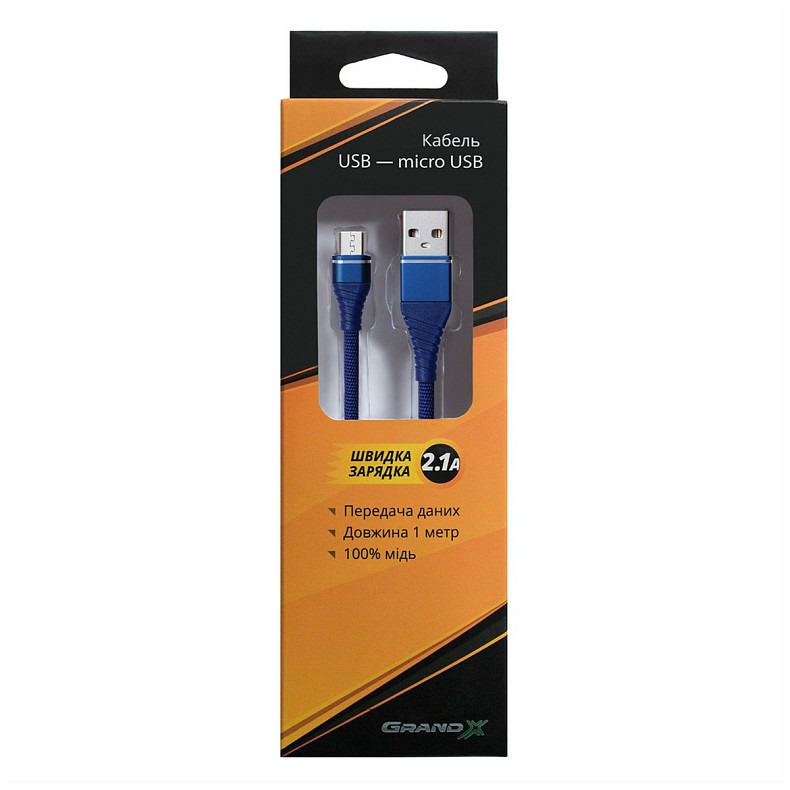 Кабель Grand-X USB-microUSB, Cu, 2.1A, 1.2м Blue (NM012BL)