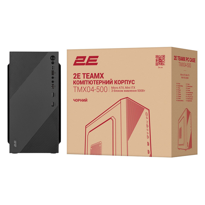 Корпус 2E TeamX TMX04, з БЖ 2E ATX500W, 2xUSB3.0, 1x80мм, VGA 220мм, mATX, чорний