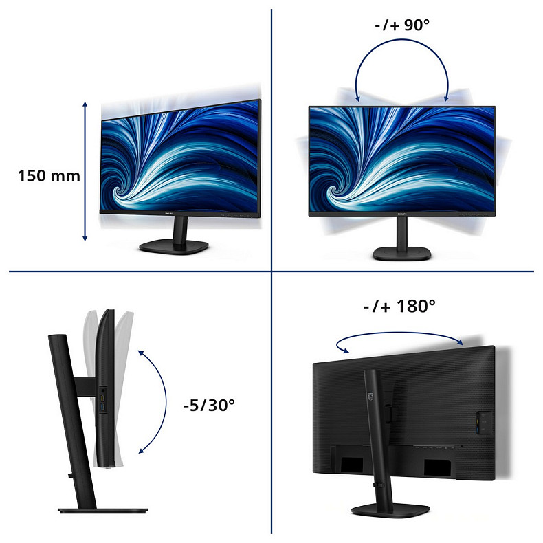 Монітор Philips 27" 27B2U3601, QHD, IPS, 120Гц, HDMI, DP, USB-C, RJ-45, USB-hub, HAS,Pivot, кол.