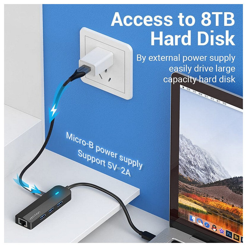 Хаб USB 3.1 Type-C -> 3xUSB 3.0+MicroUSB+RJ45 100M Ethernet чорний Vention