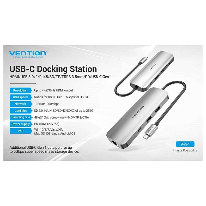 Док-станція USB3.1 Type-C --> HDMI/USB 3.0x2/RJ45/USB-C/SD/TF/TRRS 3.5mm/PD 100W Hub 9-in-1 Vention