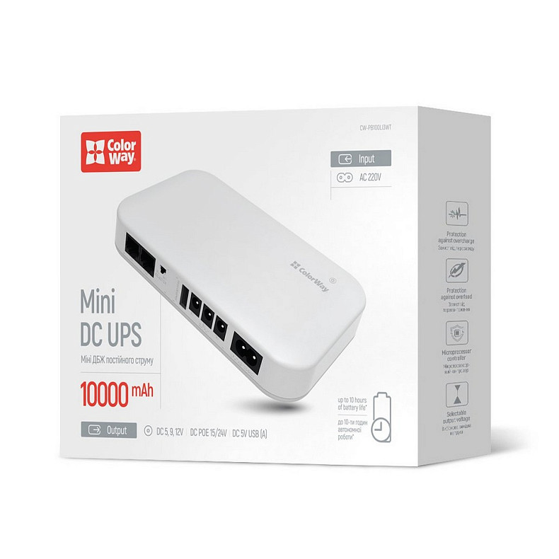 ДБЖ для роутерів/комутаторів ColorWay CW-PB100LI3WT 10000mAh 21W DC 5V/9V/12V/24V