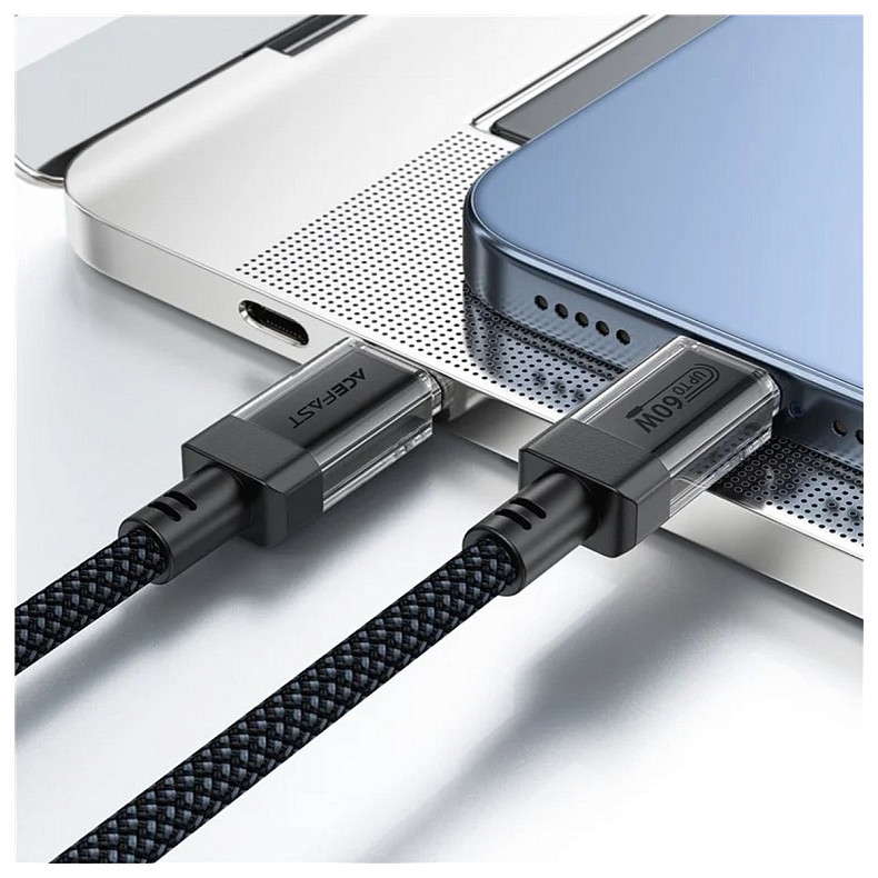 Кабель USB 2.0 USB-C to USB-C, 1.2 м, 60W, 3.0A, stainless steel Black, C12-03 Acefast